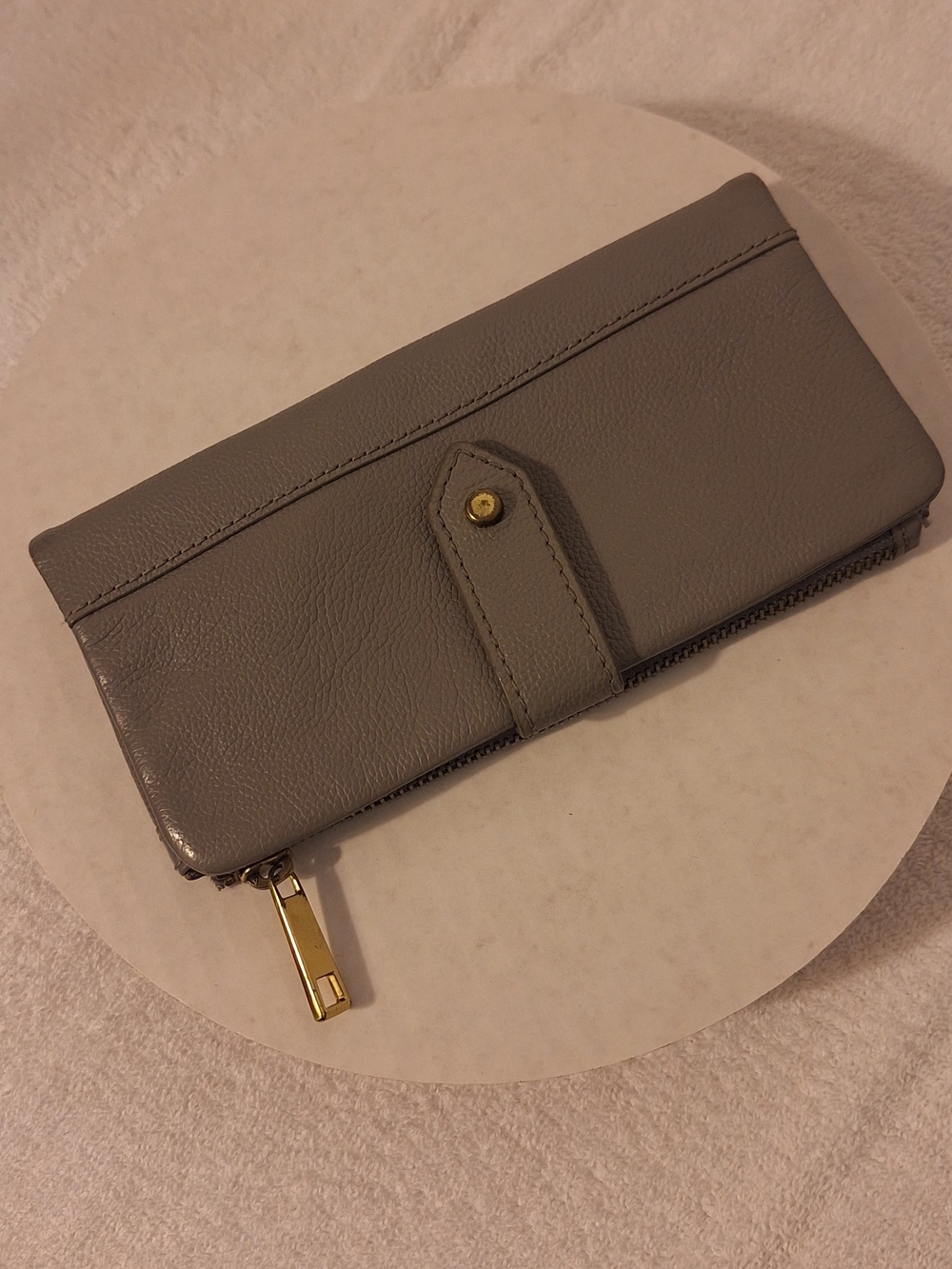 Fossil Gray Leather Zip-Around Wallet with Gold Hardware
